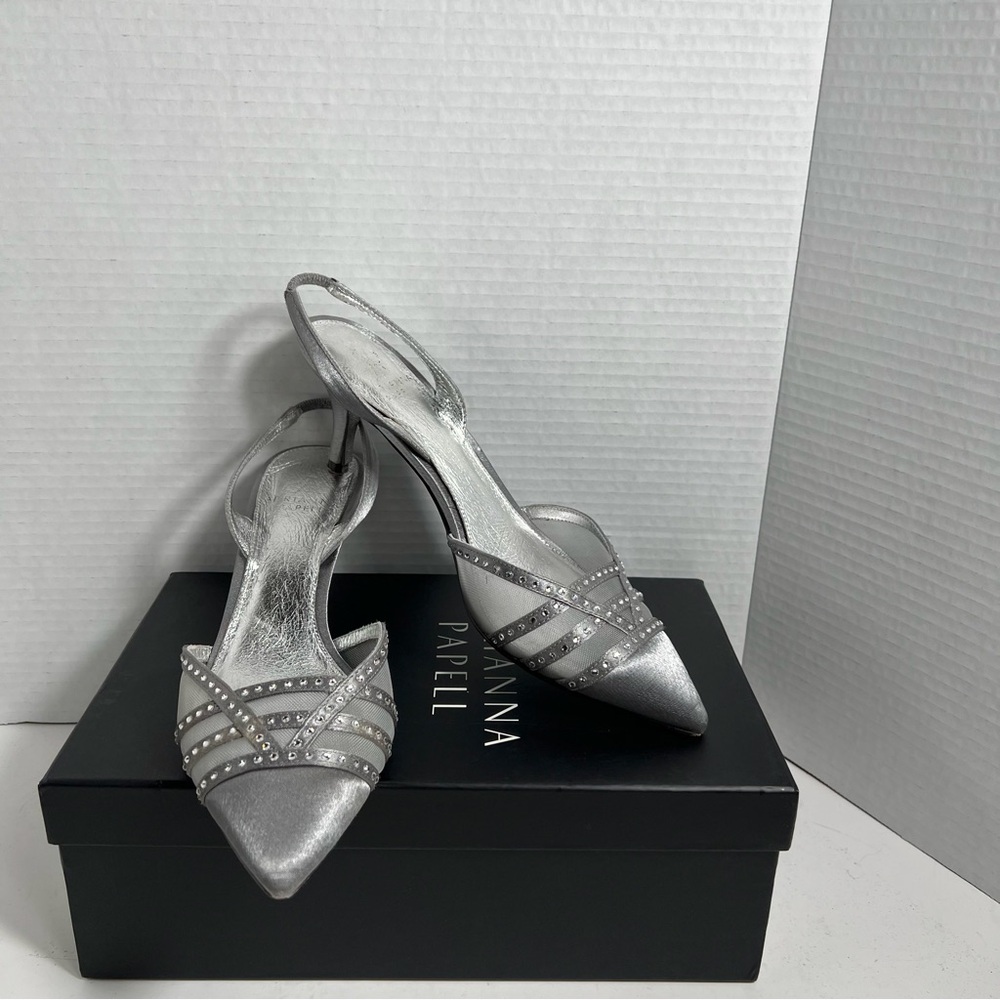 Adrianna Papell Silver Slingback Heels 8M Satin Mesh Pointed Toe Dress Shoes